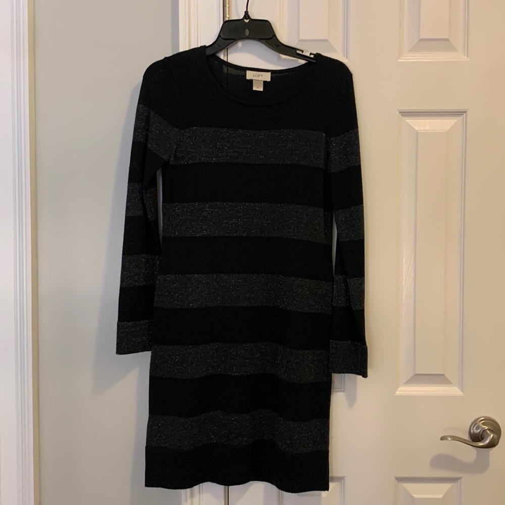 Long Sleeve LOFT Dress, Horizontal shimmery stripes, Size Small Petite